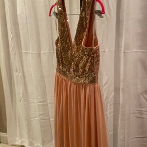 Peach and gold prom gown